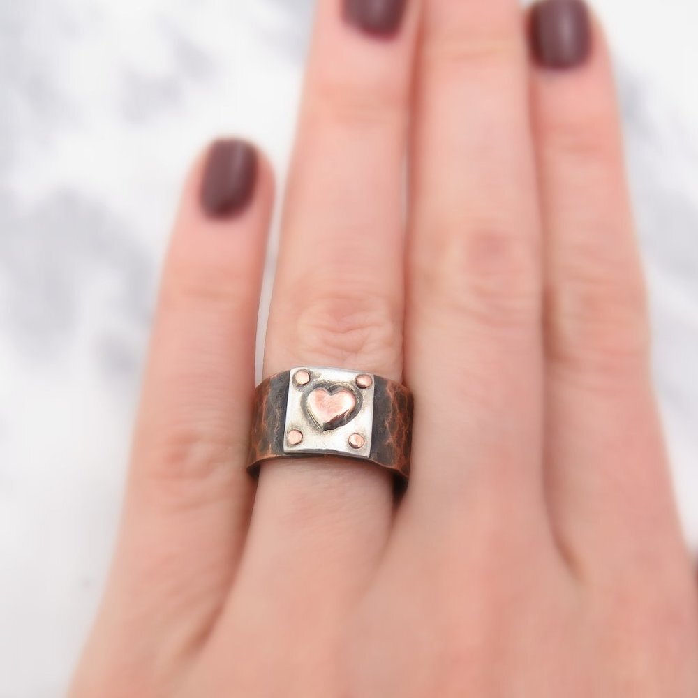Heart Ring Handcrafted in Copper and Silver - Wide Band Ring - Size 6.25